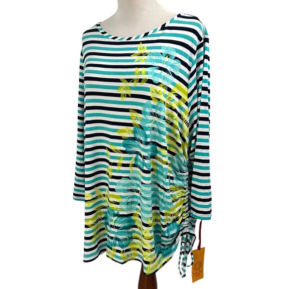 Ruby Rd. Women's Size 2x Striped Floral Pullover Top 3/4 Sleeves Tie Side NWT - Picture 2 of 7
